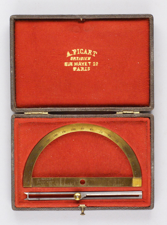 Contact goniometer with detachable arms, A. Picart, 20 rue Mayet, Paris